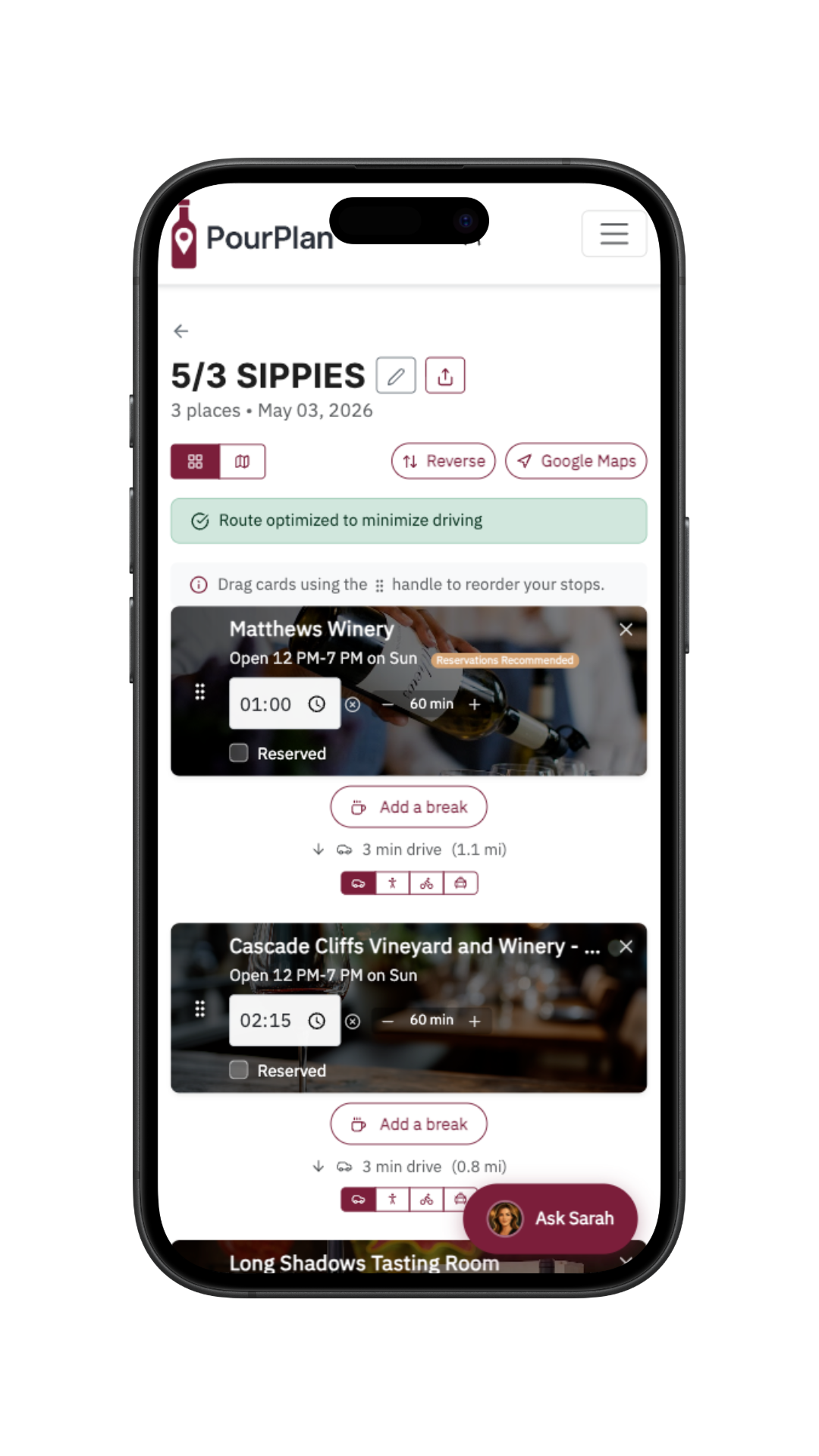 PourPlan outing itinerary on iPhone, showing scheduled stops with times, durations, and drive segments